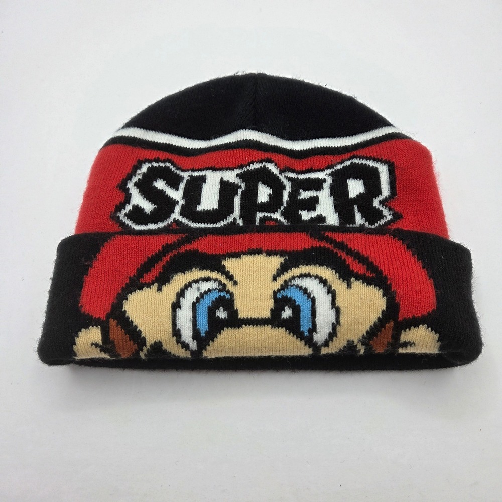 Nintendo Super Mario Beanie Hat OSFM Black Red Knit Cuffed Graphic Winter Cap
